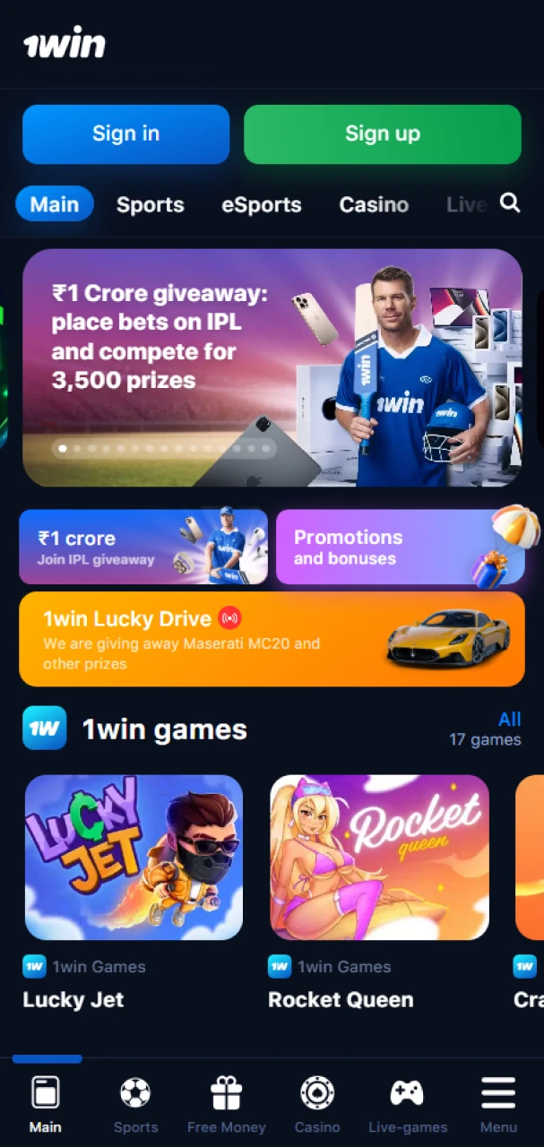 Enjoy all the features of the 1win app for Android.