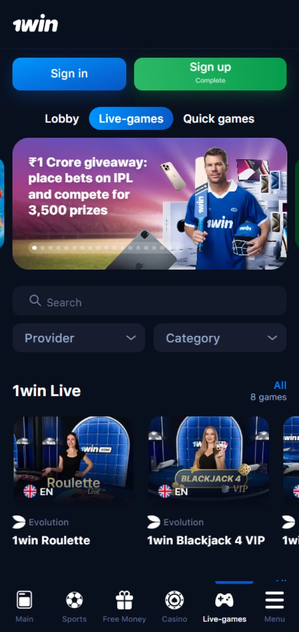 Play live casino games on the 1win app for iOS.