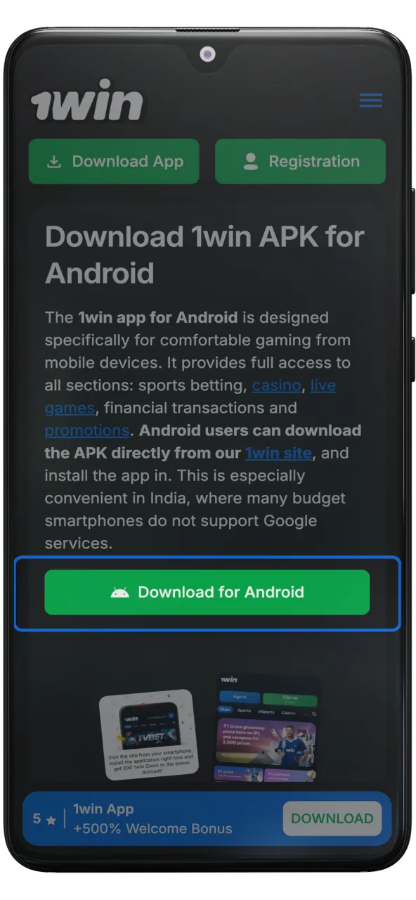Click on the Download for Android button to get 1win apk.