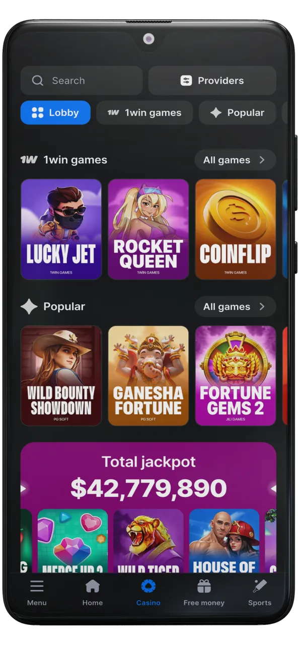 Screenshot of the 1win app casino section.